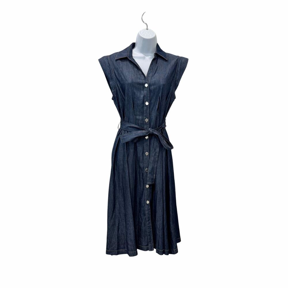 DKNY Dress Womens 6 Blue Denim Shirt Button Front Belted A Line Midi Collared